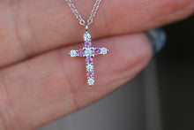 Pink Sapphire and Diamond Cross Necklace in Solid 14k Gold