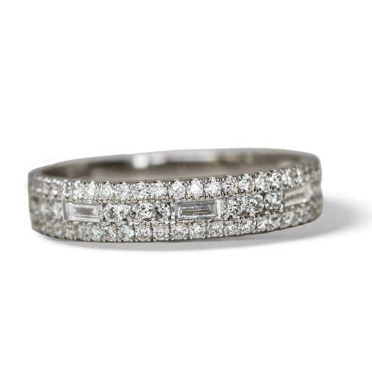 3 Row Round & Baguette Diamond Band in Solid Gold