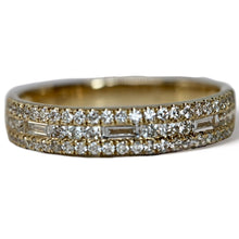 3 row diamond round and baguette band in 14kt yellow gold
