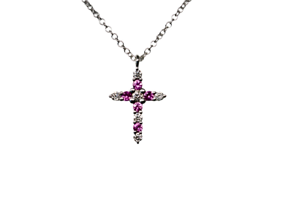 Pink Sapphire and Diamond Cross Necklace in Solid 14k Gold