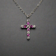 Pink Sapphire and Diamond Cross Necklace in Solid 14k Gold