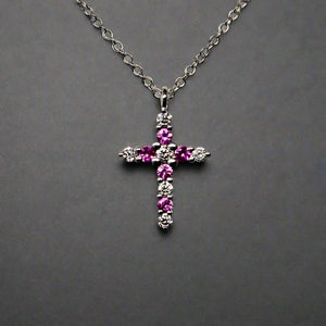 Pink Sapphire and Diamond Cross Necklace in Solid 14k Gold