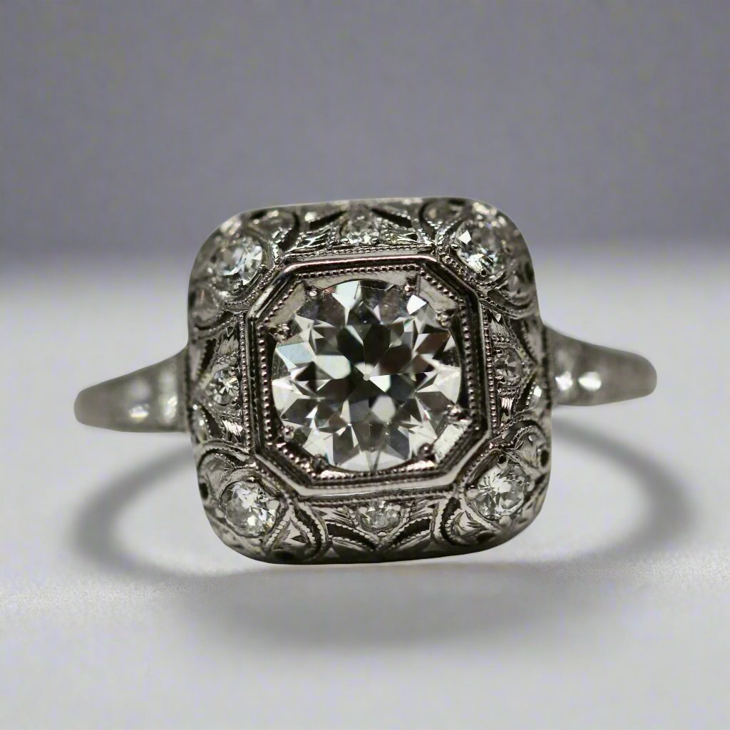 1930's Art Deco Platinum and Diamond Vintage Engagement Ring with a Round European Cut