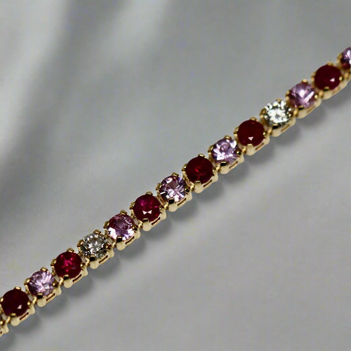 PINK Gemstone Tennis Bracelet with Rubies, Pink Sapphires, And Diamonds in 14K Yellow Gold