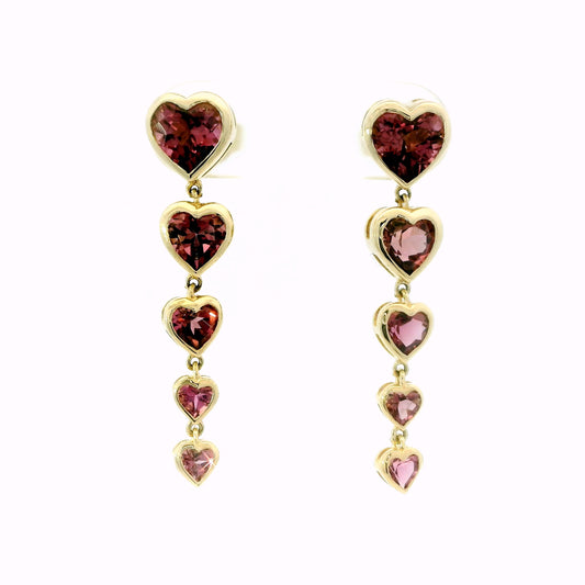 Pink tourmaline heart dangle earrings in 14k yellow gold