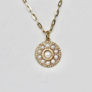 Pearl an Diamond Disc Pendant on a Paperclip Chain in 14kt Gold