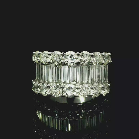 Wide Baguette and Round Brilliant Diamond Band – Natural Multi-Row Statement Ring in 14K White Gold