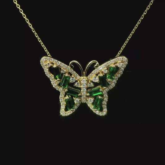 14K Yellow Gold Green Tsavorite Butterfly Pendant with Diamond Halo