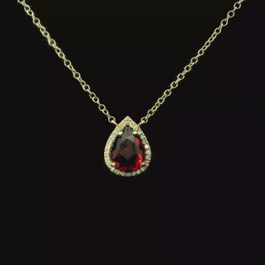 14K Gold Pear-Shaped Garnet & Diamond Halo Necklace