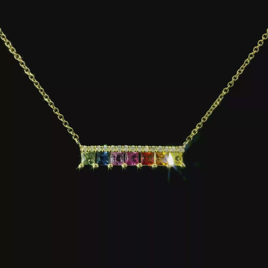 14K Yellow Gold Rainbow Gemstone Bar Necklace with Diamond Accent Row