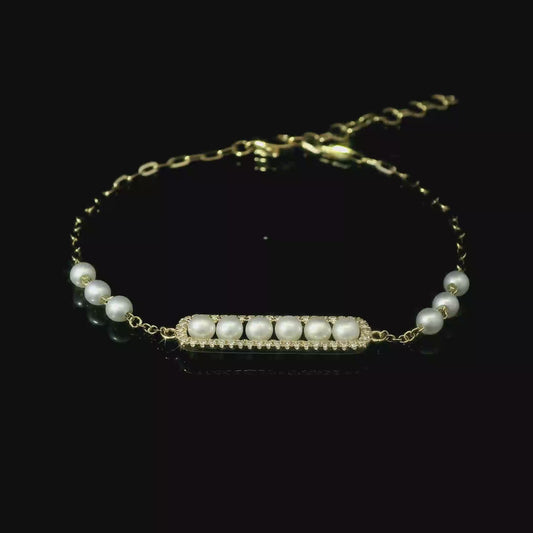14K Gold Pearl and Diamond Bar Bracelet
