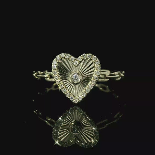14K Yellow Gold Diamond Heart Cable Link Ring