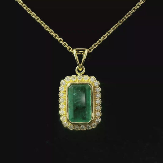 18K Yellow Gold Emerald and Diamond Halo Pendant Necklace