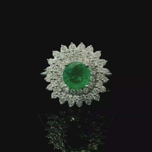 Round Emerald Starburst Double Halo Diamond Ring in 14K White Gold