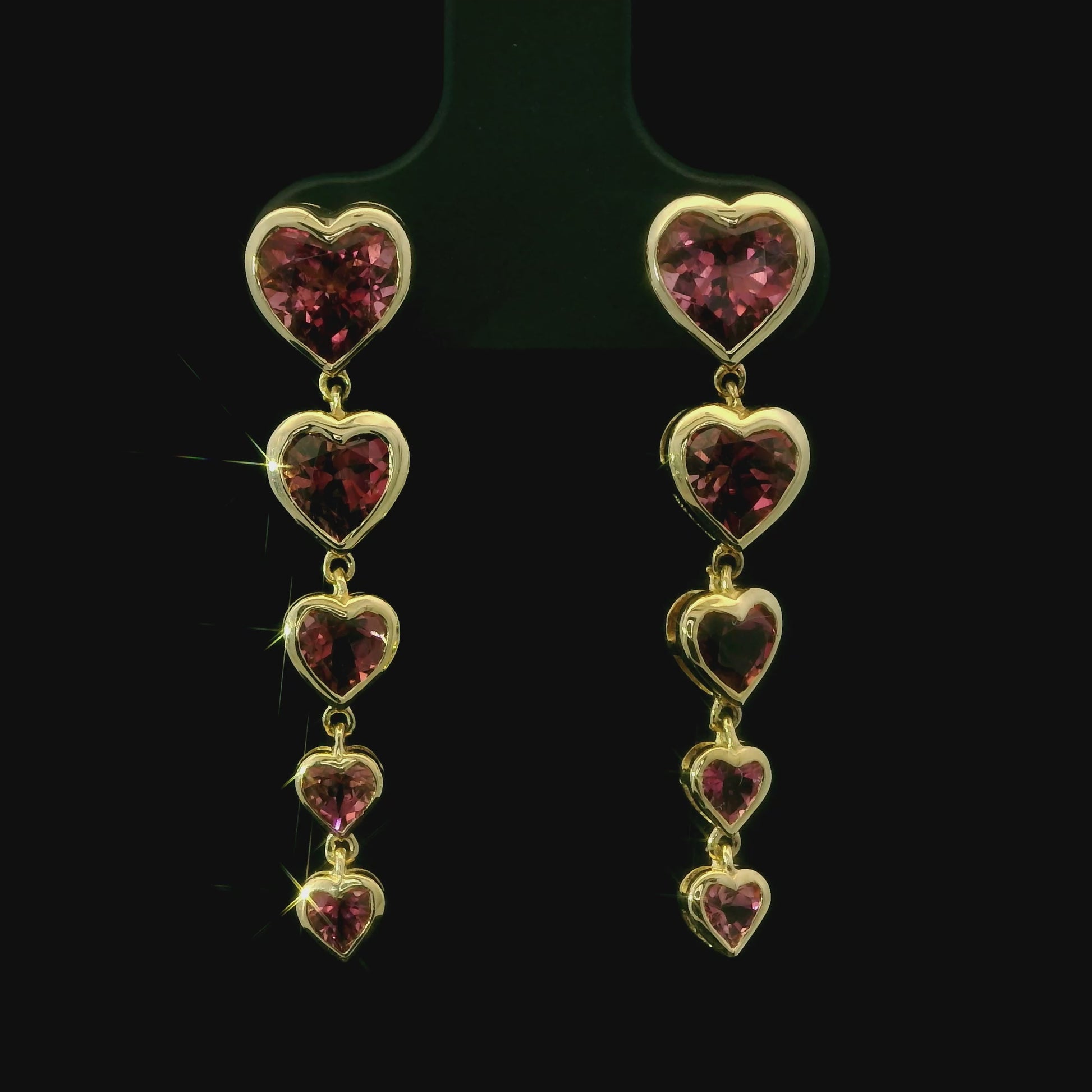 Fine jewelry pink tourmaline heart earrings with cascading dangle design