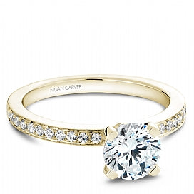 yellow gold shared prong engagement ring