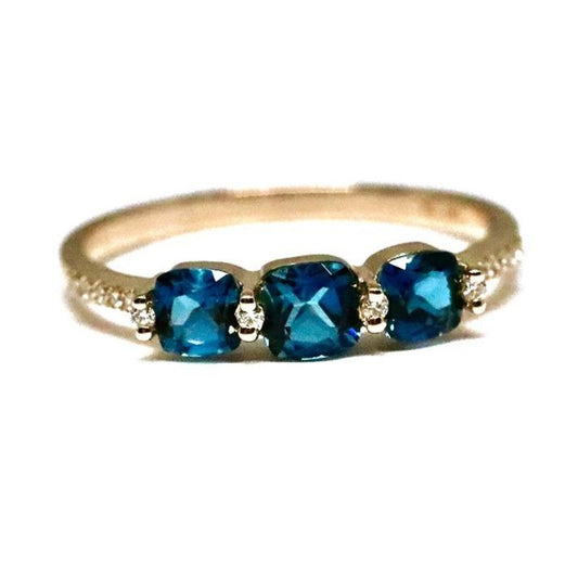 3 Stone London Blue Topaz Cushion Cut and Diamond Ring