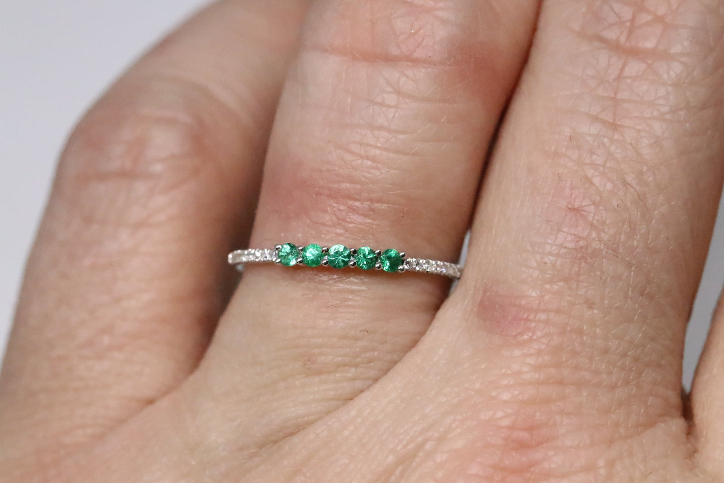 Dainty 5 Stone Emerald and Diamond Stackable