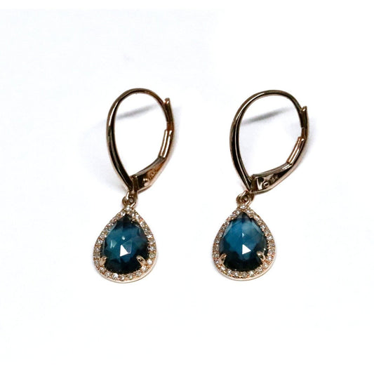 Pear Cut London Blue Topaz and Diamond Halo Dangle Earrings
