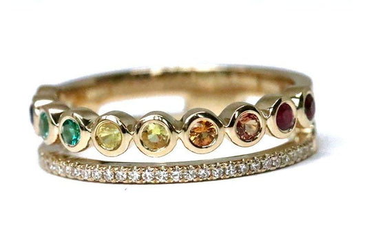 2 Row Rainbow Sapphire and Diamond Ring