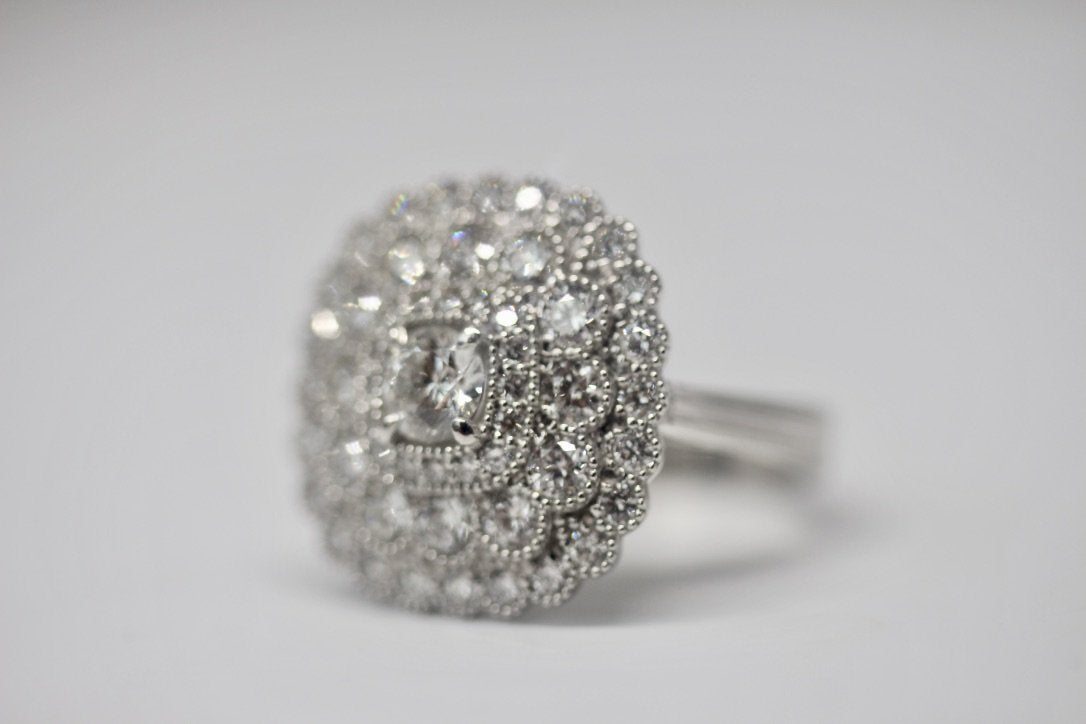 Art Deco Inspired Diamond Cluster ring Shaped as a VERY LARGE CUSHION