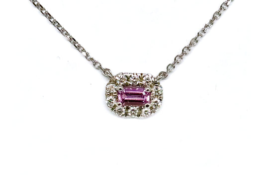 Emerald Cut Pink Tourmaline Surrounded by a Diamond Geometric Halo