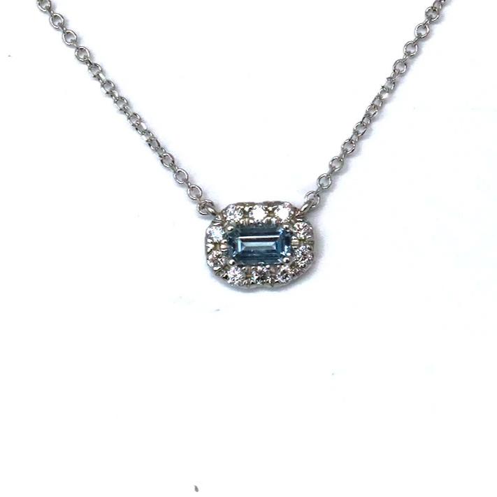 Aquamarine elongated diamond halo necklace