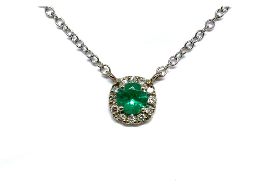 Round Emerald Cut and Cushion Shaped Diamond Halo Pendant in 14kt White Gold