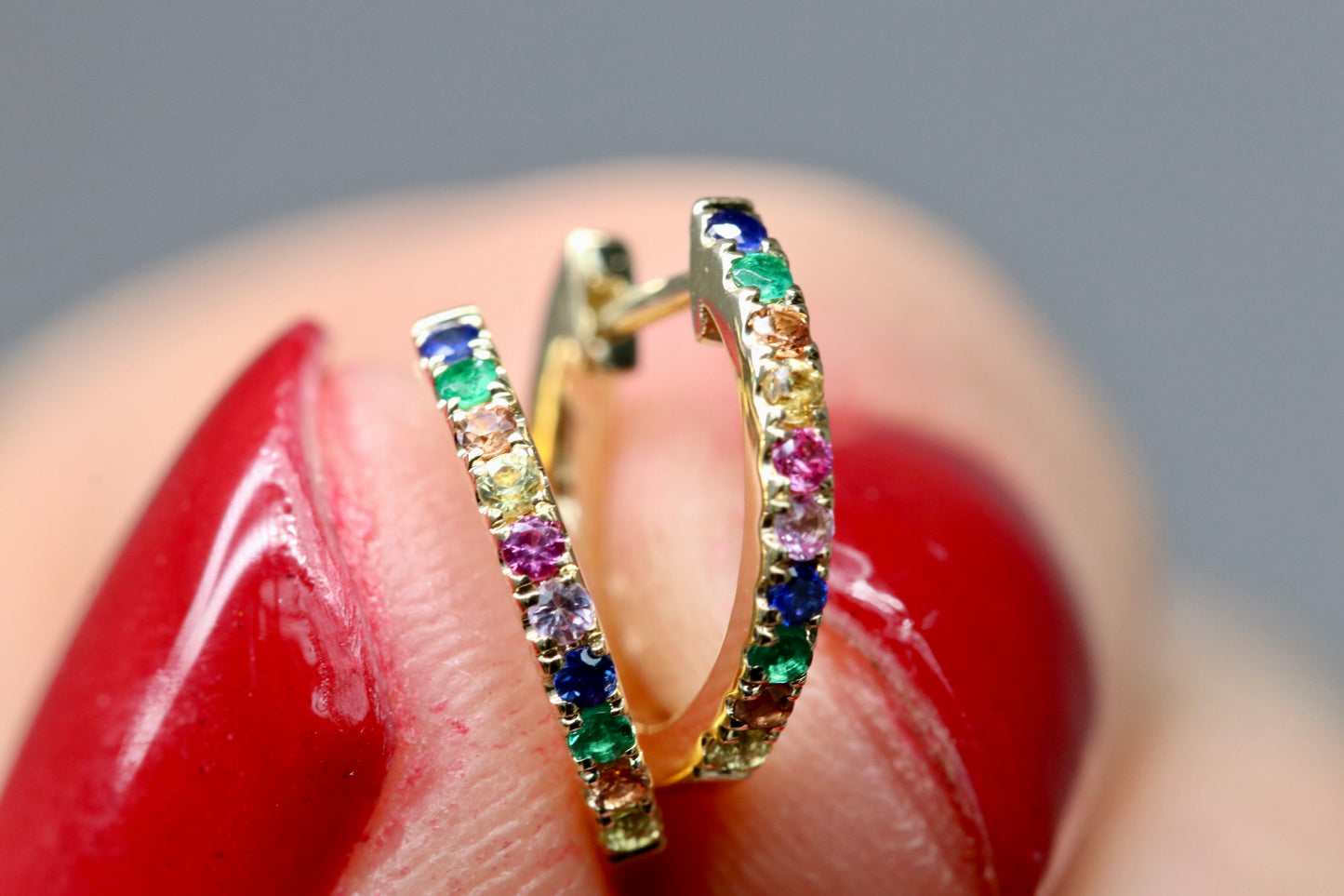 Rainbow Sapphire Hoop Earrings in 14kt Solid Gold