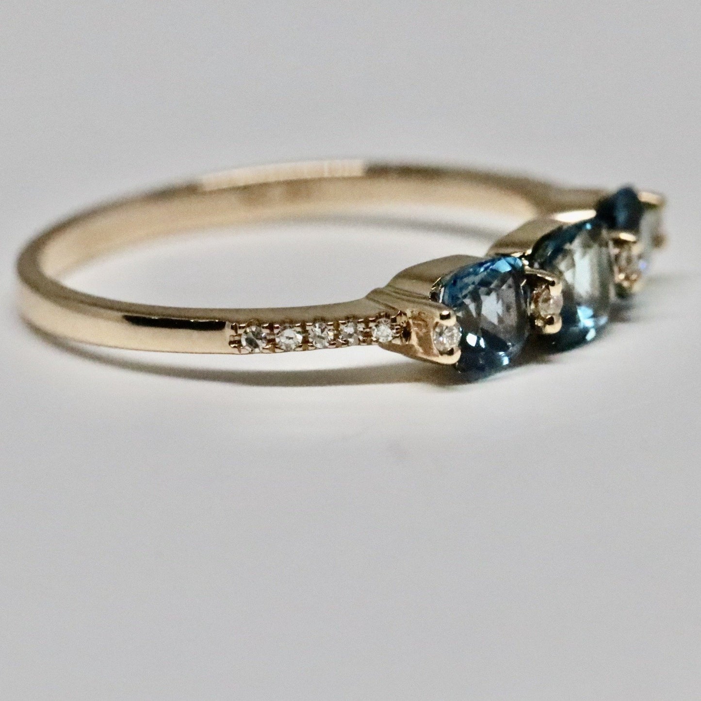 3 Stone London Blue Topaz Cushion Cut and Diamond Ring