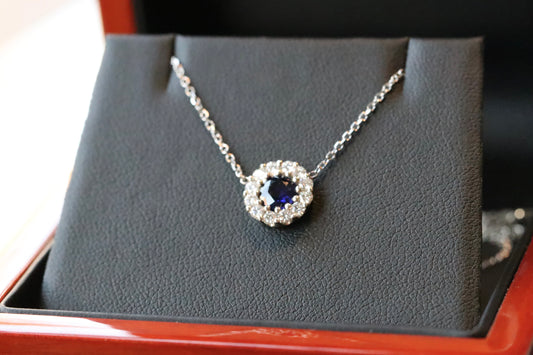 Round Blue Sapphire Diamond Halo Pendant in 14kt White Gold