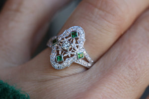 1 Payment of 5 for Joyce Art Deco Style Green Emerald and Diamond Halo Ring in Solid 14kt White Gold