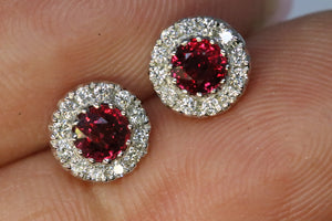 Round Ruby Diamond Halo Earrings 14K