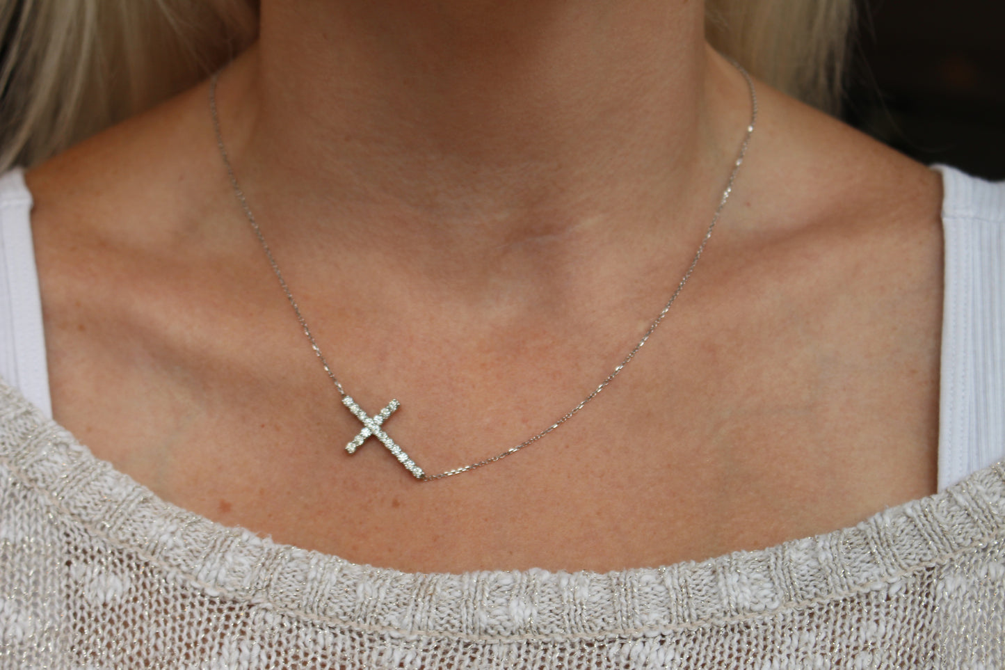 Large Diamond Sideways Cross Pendant in 14Kt Solid Gold