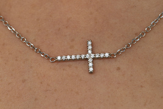 Small Diamond Sideways Necklace Cross in Solid 14kt