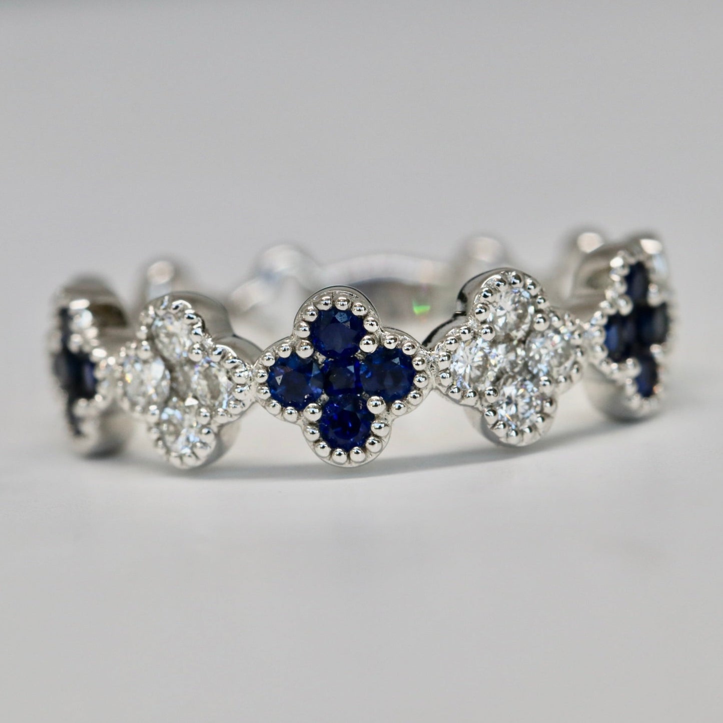 18kt White Gold Blue Sapphire and Diamond Clover Ring