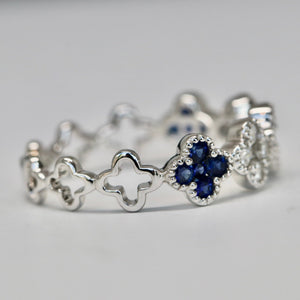 18kt White Gold Blue Sapphire and Diamond Clover Ring