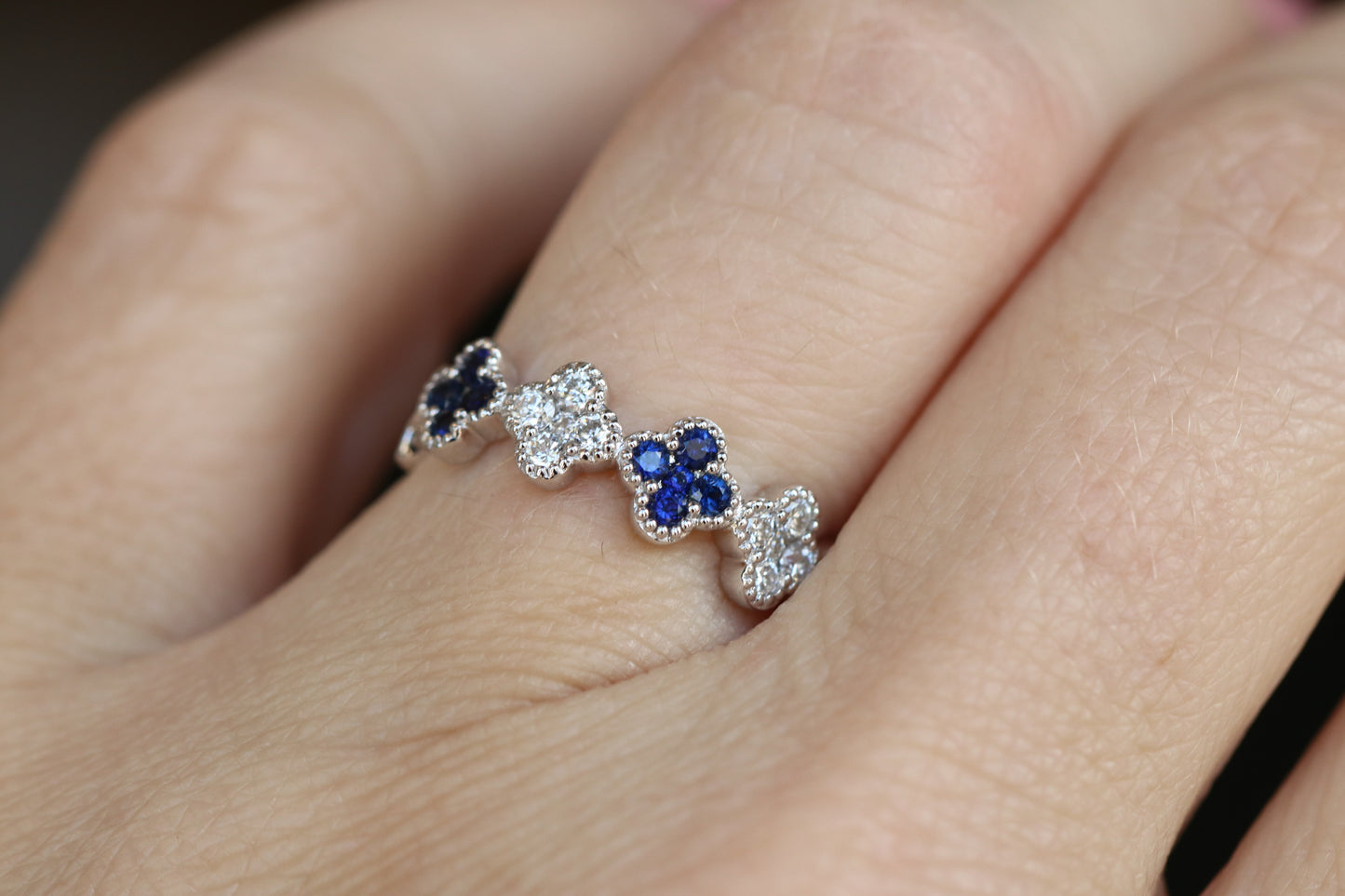 18kt White Gold Blue Sapphire and Diamond Clover Ring