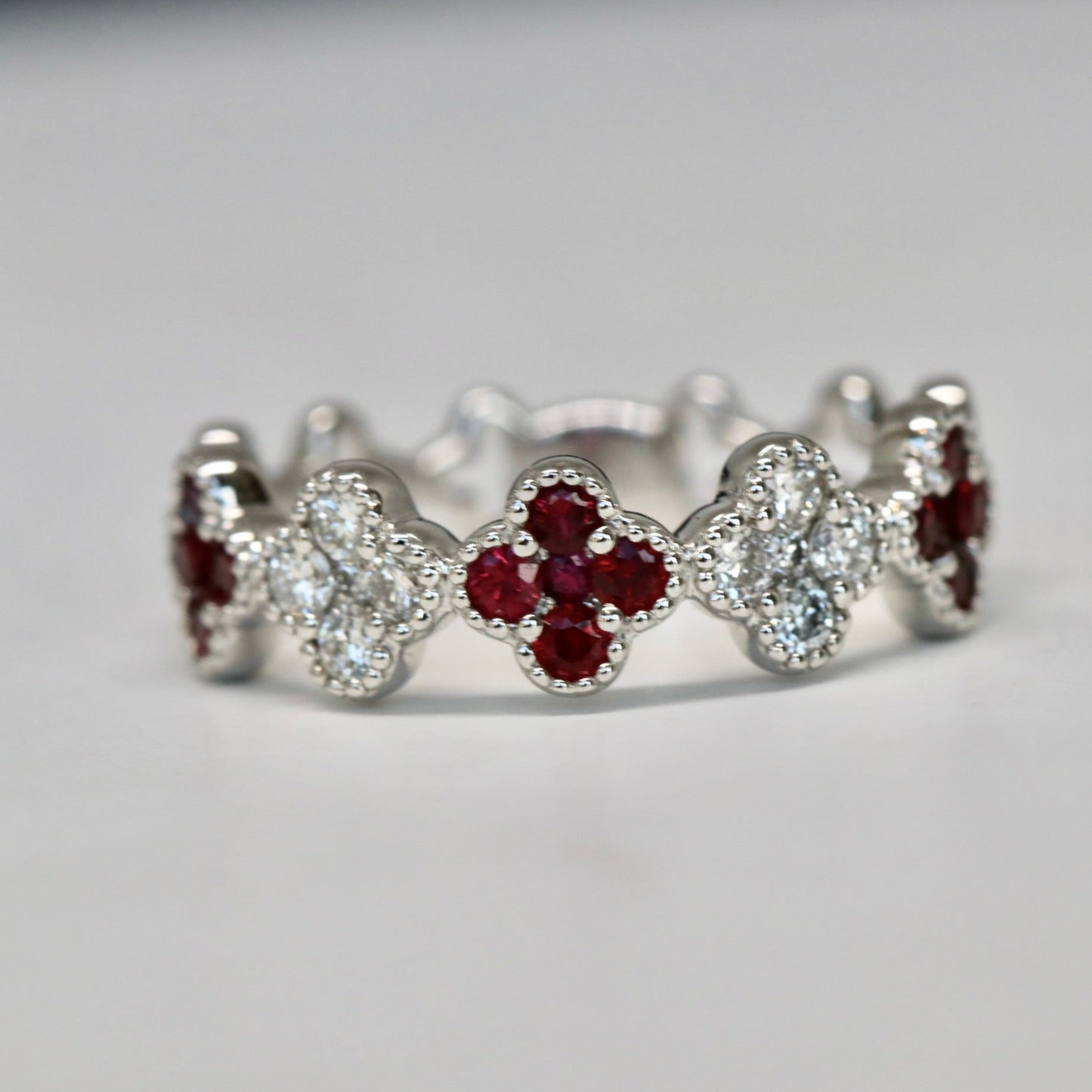 18kt White Gold Ruby and Diamond Clover Ring