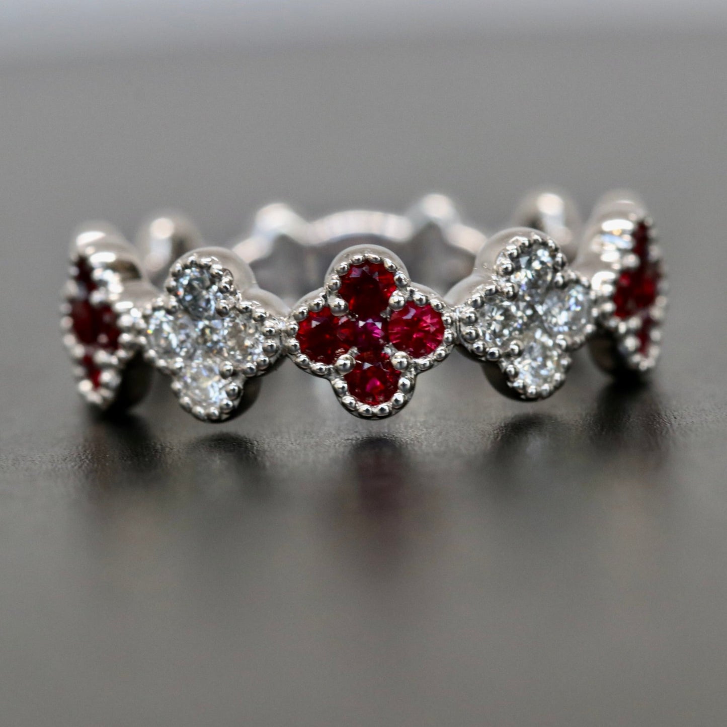 18kt White Gold Ruby and Diamond Clover Ring