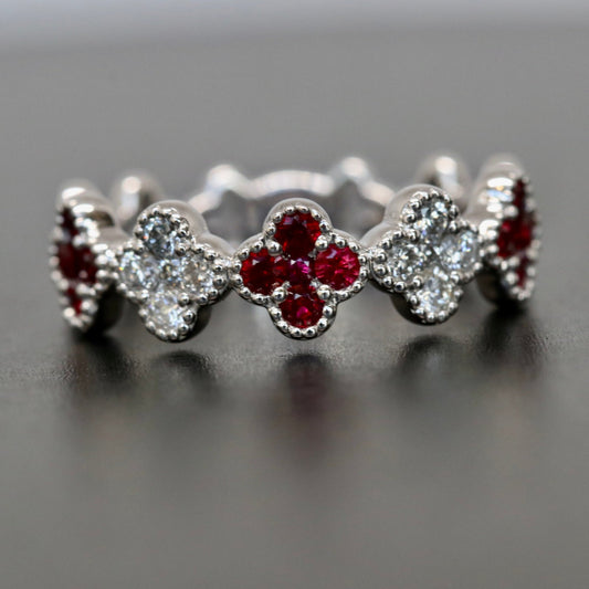 18kt White Gold Ruby and Diamond Clover Ring