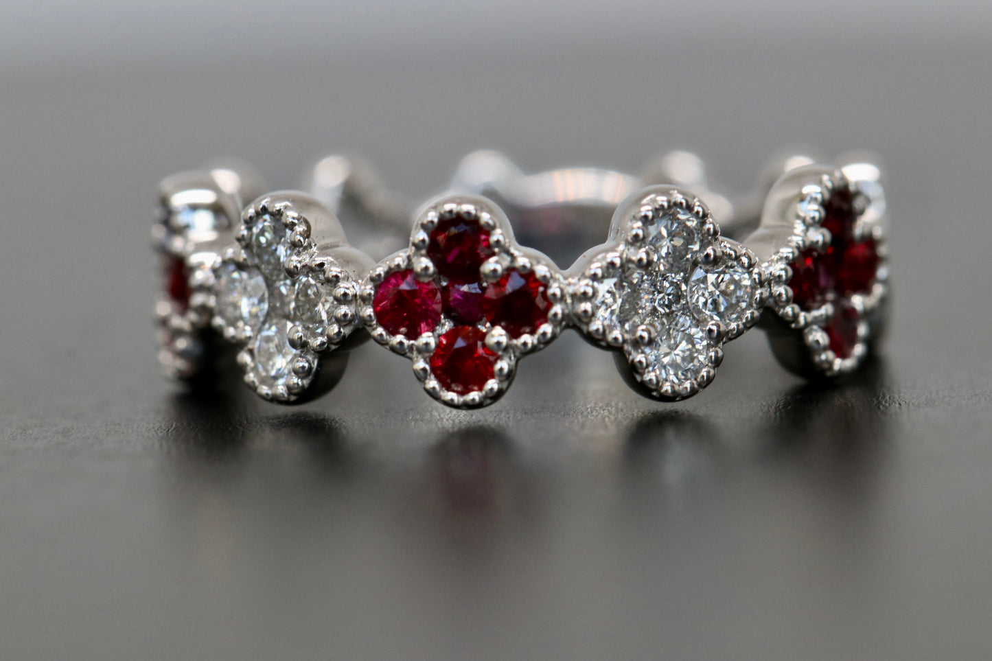 18kt White Gold Ruby and Diamond Clover Ring