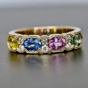 Multi color sapphire and diamond gemstone ring
