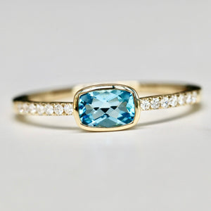 Bezel Set Blue Zircon Checkerboard Cushion Cut and Diamond ring in Solid 14k Gold