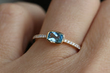 Bezel Set Blue Zircon Checkerboard Cushion Cut and Diamond ring in Solid 14k Gold