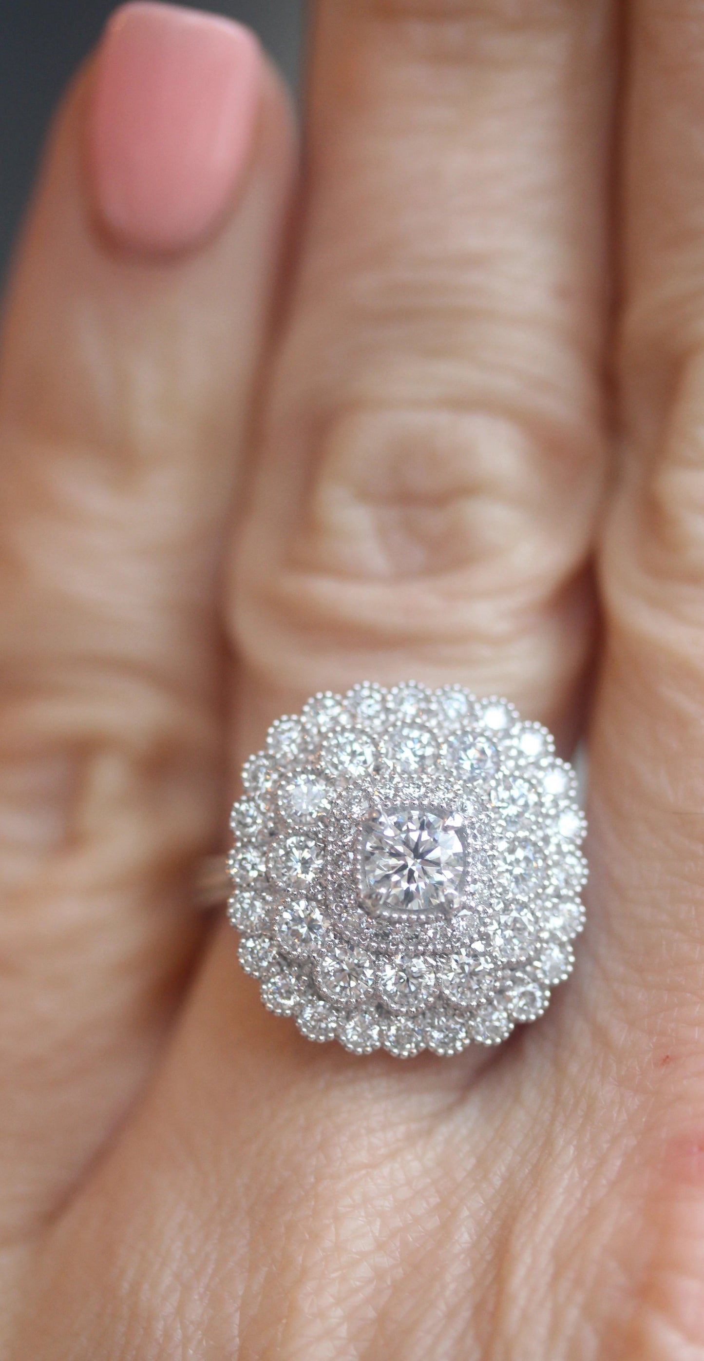 Art Deco Inspired Diamond Cluster ring Shaped as a VERY LARGE CUSHION