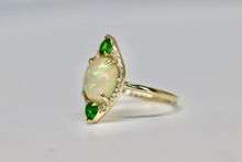 Oval Opal Cut, Green Garnet, and Diamond Halo Ring in Solid 14kt Gold