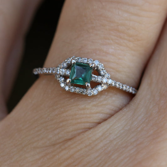 Alexandrite Halo Diamond Ring in Solid 14kt White Gold