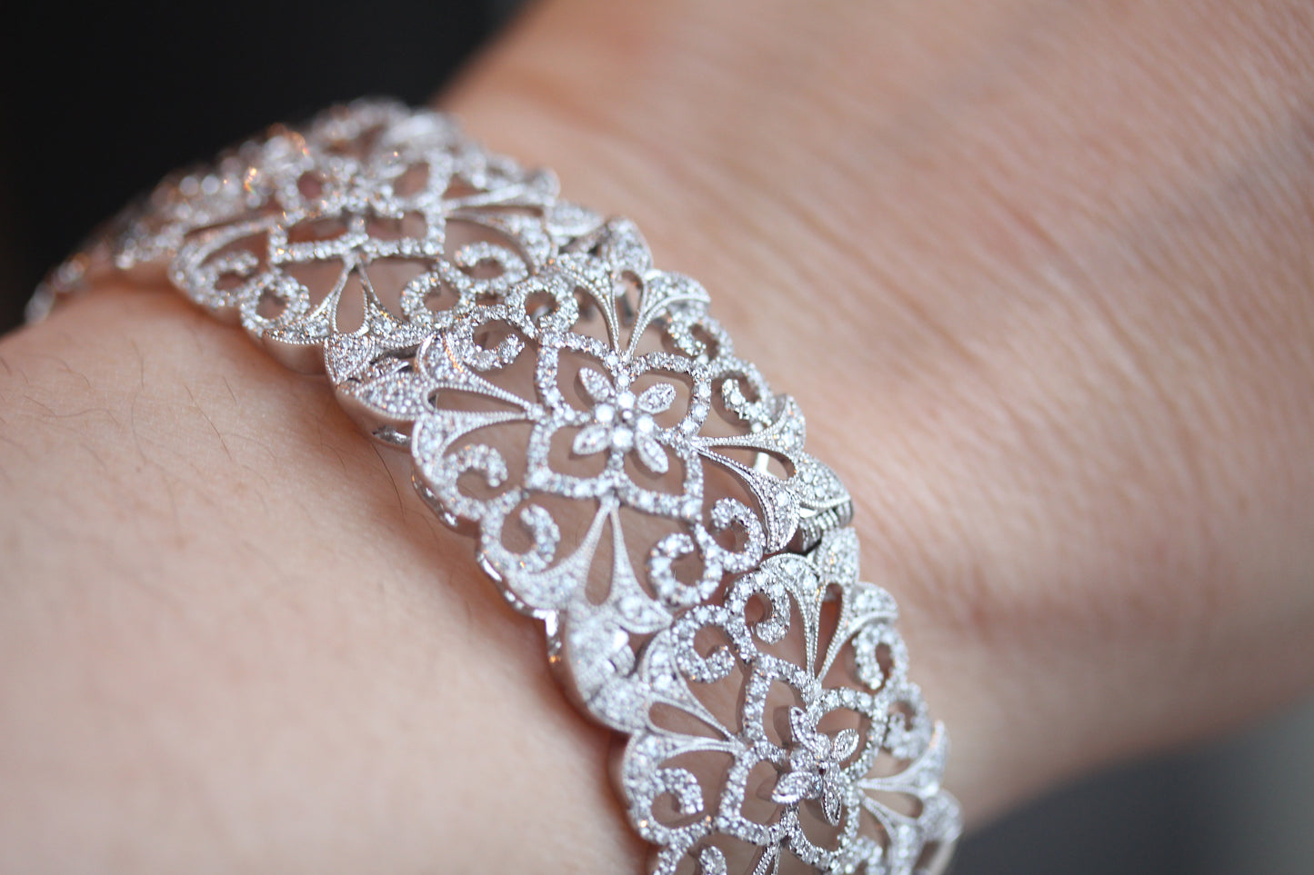Wide Vintage Inspired Diamond Bangle in 14kt White Gold