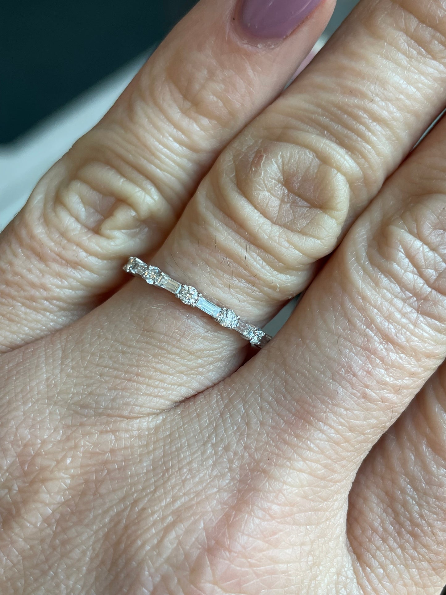 Slim Alternating Baguette and Round Diamond Stackable Ring